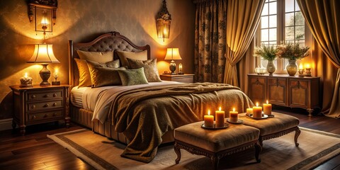 Obraz premium romantic candlelit bedroom warm golden light soft focus velvet bedding luxurious fabrics rich wood tones intimate ambiance quiet night
