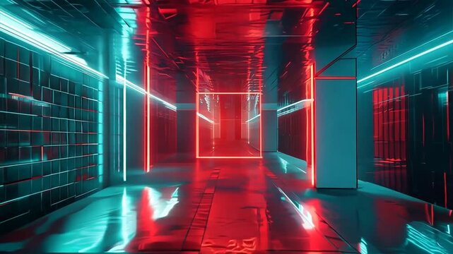 Neon Corridor: A futuristic hallway pulsates with vibrant red and cyan neon lights, creating a surreal and mesmerizing spectacle. The glowing lines reflect off the sleek, mirrored surfaces, adding dep