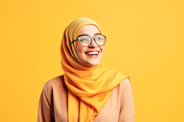 Fototapeta premium Studio shot portrait of a beautiful satisfied cheerful laughing young muslim woman wearing hijab and glasses on a yellow background