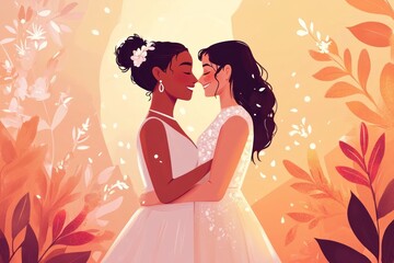 illustration of a young lesbian couple  celebrating their wedding wearing wedding dress in the summer light