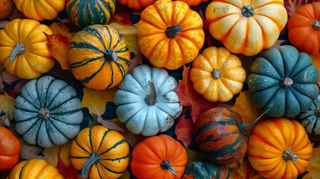 Many colorful mini pumpkins and gourds view from above Fall texture for background Halloween or Thanksgiving celebration : Generative AI