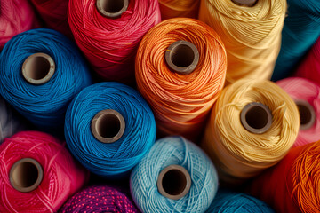 Assorted colorful spools of thread neatly arranged
