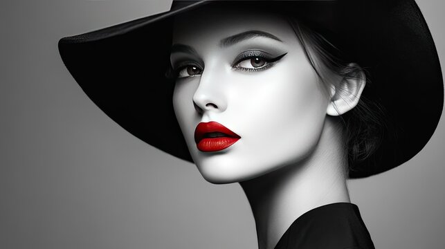 A close-up portrait of a woman wearing a black hat, with bright red lipstick and a sharp black eyeliner.