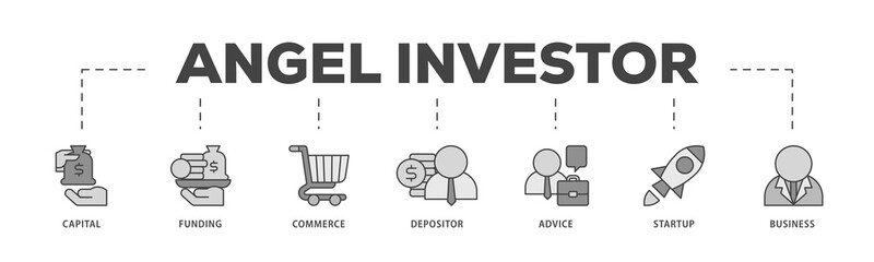 Angel investor icons process structure web banner illustration of capital, funding, commerce, depositor, advice, startup and business icon png transparent background.
