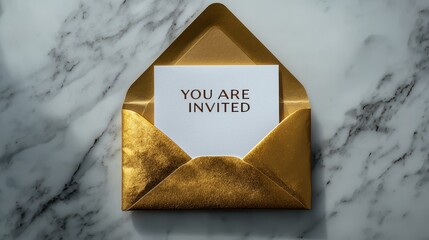 You are invited Luxurious white invitation card in gold envelope placed on marble surface for elegant and formal event