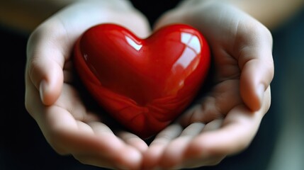 Fototapeta premium A close-up of a red heart held gently in hands, representing the tenderness and firmness of true love.