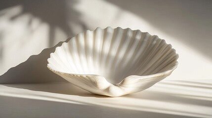 A close-up of a white seashell podium, with soft shadows and a clean, modern background, perfect for product display.