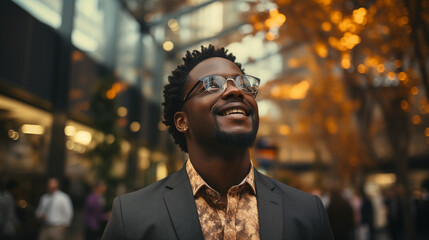 Portrait of a young businessman with an abstract background in the form of a large metropolis.	
