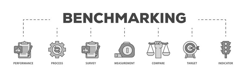 Benchmarking icons process structure web banner illustration of performance, process, survey, measurement, compare, target, and indicator icon png transparent background.