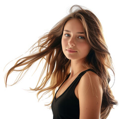 A young woman with long brown hair flowing in the wind, looking directly at the camera with a soft smile.