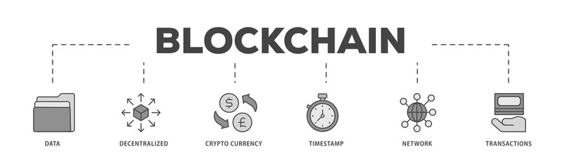Blockchain icons process structure web banner illustration of data, decentralized, crypto currency, timestamp, network and transactions icon png transparent background.