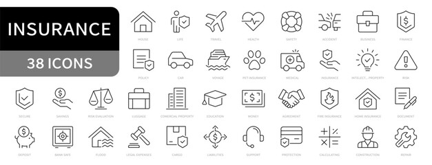 Insurance line icons set. Insurance symbols. Car, Health, Life, House, Business insurance symbol. Editable stroke icons. Vector