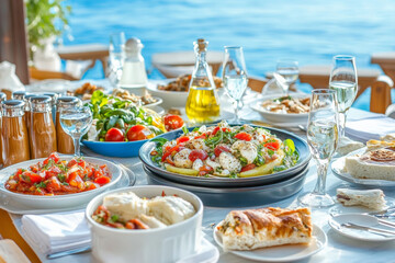 Mediterranean vegetable dishes, Greek salad, seafood dishes, fruit salad, glasses of water, napkins, olive oil, beautiful setting, light turquoise sea and sky