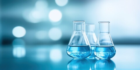 Close-up of laboratory glassware containing blue liquid, ideal for science, chemistry, and research themes.