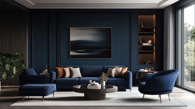 A modern living room in dark blue tones, with sleek furnishings and minimalistic decor for a refined look.