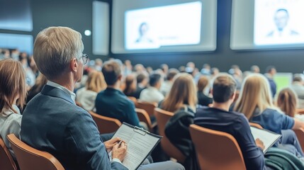 Professionals gathered at a conference in a large auditorium, engaging in learning and networking activities during a business seminar.