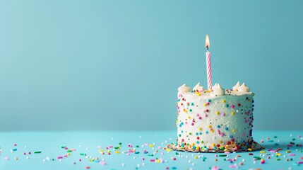 Birthday cake with a candle on pastel blue background.