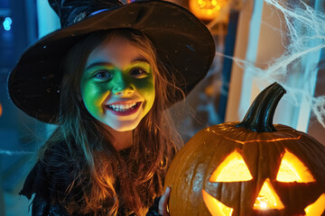 Halloween Fun with a Little Witch and Pumpkin. A lively Halloween photo of a young girl dressed as a witch with green face paint, happily holding lit Jack-o'-lantern, embracing the magic of Halloween