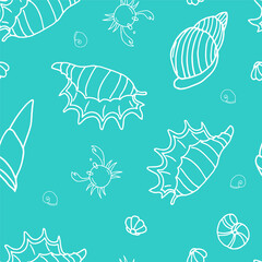 Blue seamless pattern with sea shells crabs and fishes, underwater life, hand drawn. Vector seamless pattern. Suitable for textiles, covers, wall wallpaper, packaging, children's prints, etc.