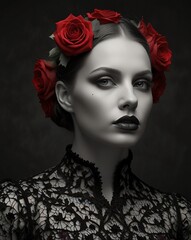 Fototapeta premium portrait of a woman in a black coat and with red roses in her hair