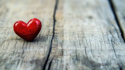 A single, vibrant red heart resting on a wooden surface, symbolizing the strength and warmth of true love.