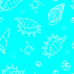 Blue seamless pattern with sea shells crabs and fishes, underwater life, hand drawn. Vector seamless pattern. Suitable for textiles, covers, wall wallpaper, packaging, children's prints, etc.
