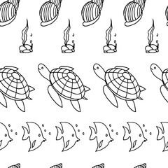 Black and white seamless pattern with seahorses, corals, sea shells, crabs, fish, turtles, underwater life, hand drawn. Vector seamless pattern. Suitable for textiles, covers, wall wallpaper, packing