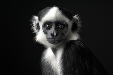 Fototapeta premium Photo of a Black & White Colobus monkey isolated against a black background, emphasising the Black & White Colobus monkey's majestic features. Wildlife and conservation concept, space for copy.