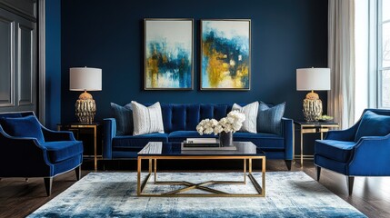 Fototapeta premium A sophisticated dark blue living room, with modern furniture and stylish decor, creating a serene and elegant atmosphere.