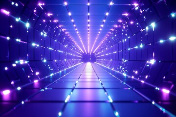 Obraz premium A tunnel adorned with vibrant neon lights and geometric shapes, creating a visually striking pathway with intense pink, blue, and purple highlights, evoking a futuristic vibe.