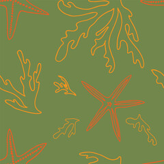 Seamless corals, starfish, underwater life, hand drawn vector seamless pattern. Suitable for textiles, covers, wall wallpaper, packaging, etc.