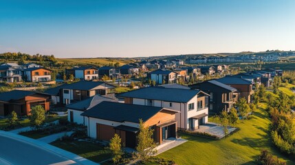 Fototapeta premium A stunning aerial view of a row of sleek modern houses, with a clear blue sky as the backdrop.
