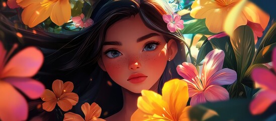 Charming young brunette character surrounded by colorful flowers