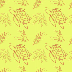 Seamless pattern with sea turtles and corals, underwater life, hand drawn. Vector seamless pattern. Suitable for textiles, covers, wall wallpaper, packaging, children's prints, etc.