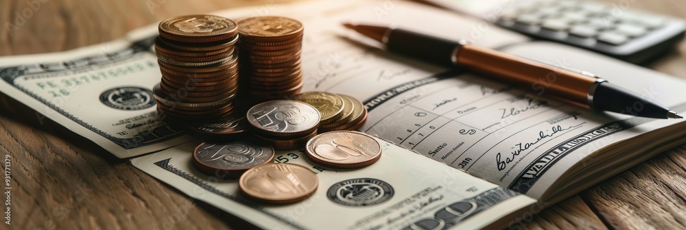 Fototapete A stack of cash and coins sits beside an open notebook filled with notes and financial calculations, along with a pen and calculator. Generative AI