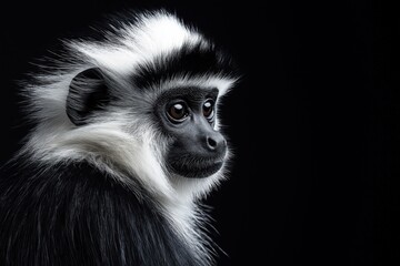 Photo of a Black & White Colobus monkey isolated against a black background, emphasising the Black & White Colobus monkey's majestic features. Wildlife and conservation concept, space for copy.