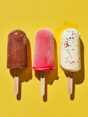 Three Ice Creams on Sticks Against Yellow Background
