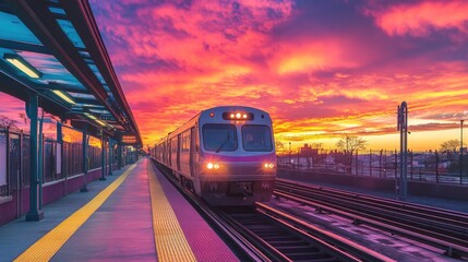 Naklejka premium A vibrant commuter train pulling into a station during a colorful sunrise. The sky ablaze with hues of pink and orange.