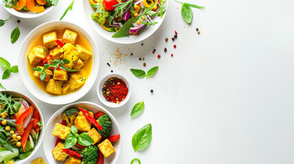 Food art photography. Vegan dishes. Tofu, salad, curry. Plain white background