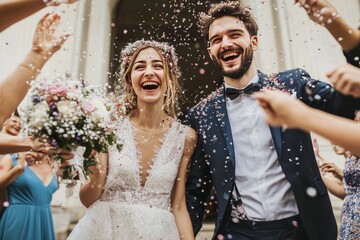 Newlywed couple walking happily while friends and family throwing confetti on couple at the wedding ceremony in front of the church