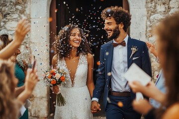 Newlywed couple walking happily while friends and family throwing confetti on couple at the wedding ceremony in front of the church