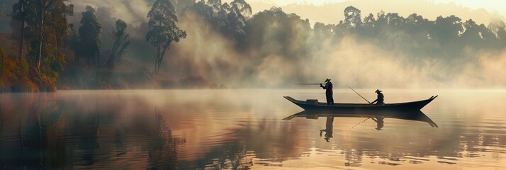Fototapeta premium Early morning mist blankets the river as two fishermen cast their nets, embracing the stillness and beauty of nature. Generative AI