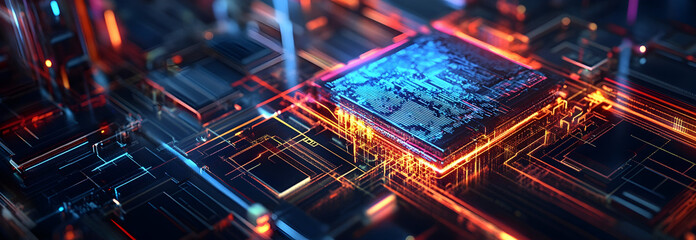 Obraz premium Chip industry advancements, holographic production line, 