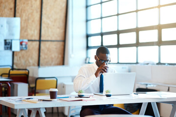 African man, drinking coffee and laptop as employee or accountant in finance company. Male person, tech and working with email, project and portfolio for tax review, business development and research