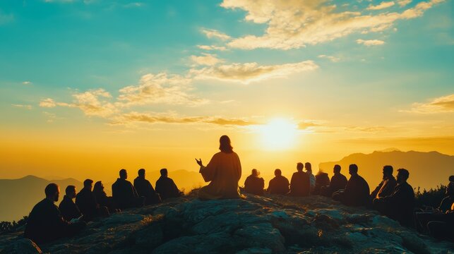Silhouette of jesus preaching sermon on mountain top in biblical gospel ministry