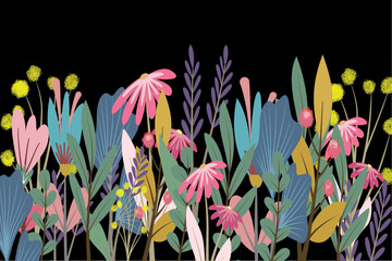 Various beautiful flowers and nature in multicolored on black background vector for decoration ,wall art,blankets ,fabric ,batik ,table cloth ,or any decoration  