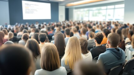 Diverse group of people seated in auditorium for conference. Focus on attendees listening to speaker on stage.