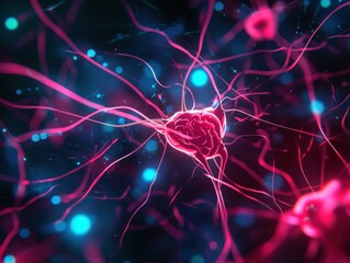 Close-up view of vibrant neurons with glowing connections, representing the complexity of the nervous system in vivid colors.