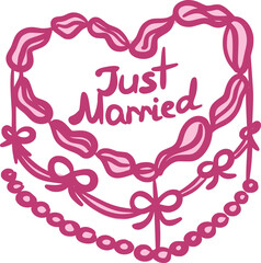 Small one tier wedding cake in heart shape with bows and inscription. Vintage dessert in a fancy hand drawn style. Isolated vector illustration.