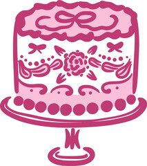 Small one tier wedding cake with floral decorations and  bow on a stand. Vintage dessert in a fancy hand drawn style. Isolated vector illustration.